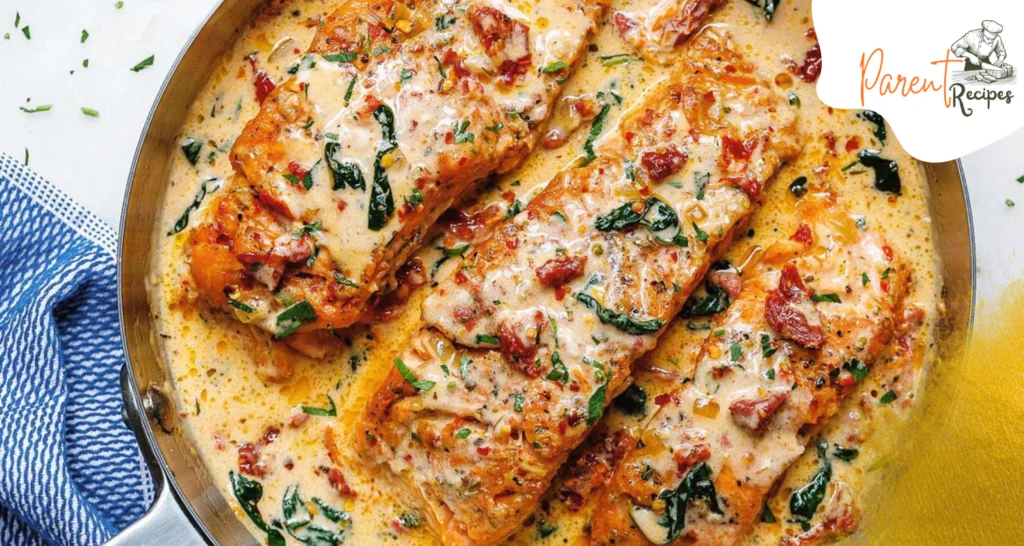 Creamy Tuscan Salmon with sun-dried tomatoes and spinach in a skillet