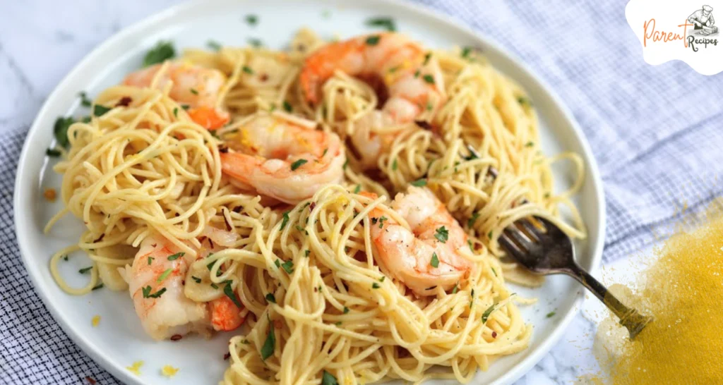 Mediterranean shrimp pasta with fresh tomatoes, herbs, and spaghetti