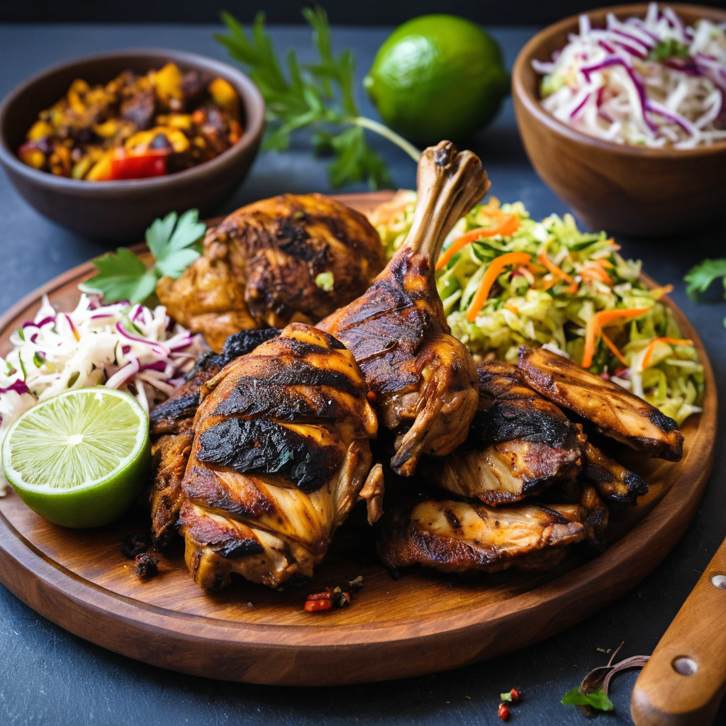 Jerk chicken marinade ingredients including Scotch bonnet peppers, allspice, thyme, and lime juice for the perfect jerk chicken recipe.