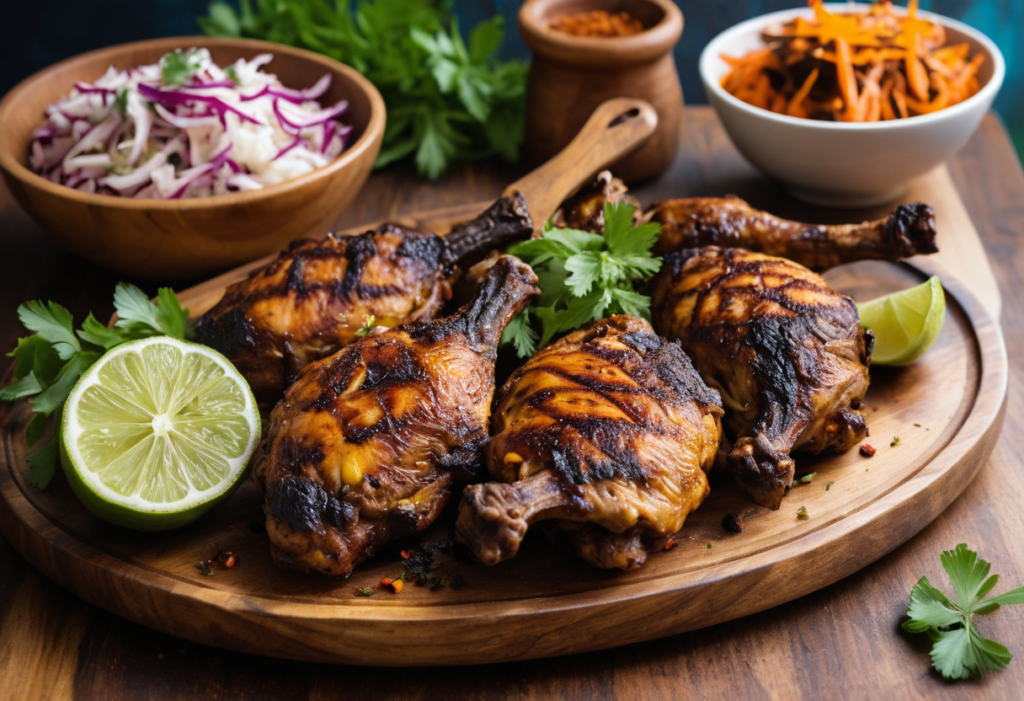 Jerk chicken grilling over a charcoal flame, showing the smoky, caramelized finish that defines Jamaican jerk chicken